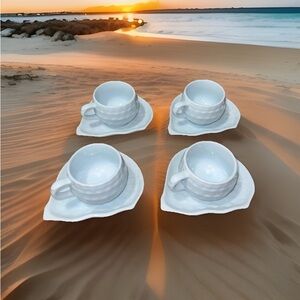 Asian Celadon Cups and Saucers Set of 4, Mint Blue Textured Ceramic Coffee Cups